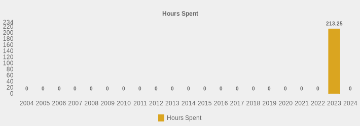 Hours Spent (Hours Spent:2004=0,2005=0,2006=0,2007=0,2008=0,2009=0,2010=0,2011=0,2012=0,2013=0,2014=0,2015=0,2016=0,2017=0,2018=0,2019=0,2020=0,2021=0,2022=0,2023=213.25,2024=0|)