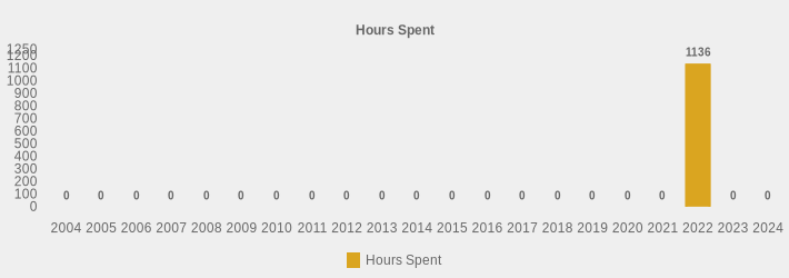 Hours Spent (Hours Spent:2004=0,2005=0,2006=0,2007=0,2008=0,2009=0,2010=0,2011=0,2012=0,2013=0,2014=0,2015=0,2016=0,2017=0,2018=0,2019=0,2020=0,2021=0,2022=1136.00,2023=0,2024=0|)