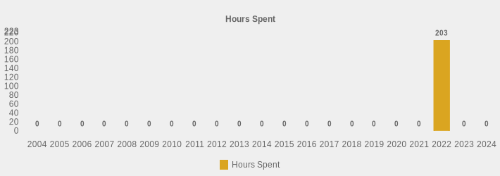 Hours Spent (Hours Spent:2004=0,2005=0,2006=0,2007=0,2008=0,2009=0,2010=0,2011=0,2012=0,2013=0,2014=0,2015=0,2016=0,2017=0,2018=0,2019=0,2020=0,2021=0,2022=203,2023=0,2024=0|)