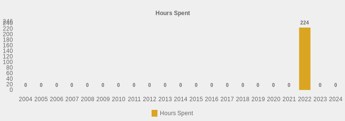 Hours Spent (Hours Spent:2004=0,2005=0,2006=0,2007=0,2008=0,2009=0,2010=0,2011=0,2012=0,2013=0,2014=0,2015=0,2016=0,2017=0,2018=0,2019=0,2020=0,2021=0,2022=224,2023=0,2024=0|)