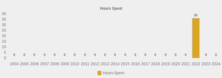 Hours Spent (Hours Spent:2004=0,2005=0,2006=0,2007=0,2008=0,2009=0,2010=0,2011=0,2012=0,2013=0,2014=0,2015=0,2016=0,2017=0,2018=0,2019=0,2020=0,2021=0,2022=36,2023=0,2024=0|)