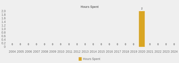 Hours Spent (Hours Spent:2004=0,2005=0,2006=0,2007=0,2008=0,2009=0,2010=0,2011=0,2012=0,2013=0,2014=0,2015=0,2016=0,2017=0,2018=0,2019=0,2020=2,2021=0,2022=0,2023=0,2024=0|)