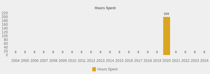 Hours Spent (Hours Spent:2004=0,2005=0,2006=0,2007=0,2008=0,2009=0,2010=0,2011=0,2012=0,2013=0,2014=0,2015=0,2016=0,2017=0,2018=0,2019=0,2020=200,2021=0,2022=0,2023=0,2024=0|)