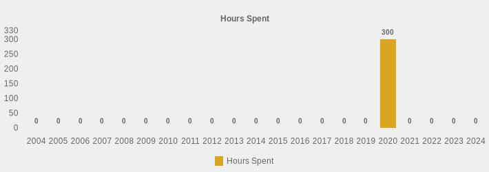 Hours Spent (Hours Spent:2004=0,2005=0,2006=0,2007=0,2008=0,2009=0,2010=0,2011=0,2012=0,2013=0,2014=0,2015=0,2016=0,2017=0,2018=0,2019=0,2020=300,2021=0,2022=0,2023=0,2024=0|)