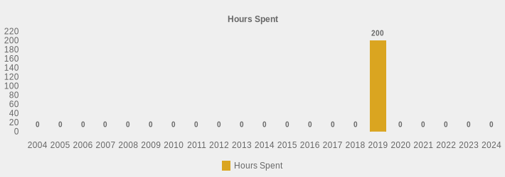Hours Spent (Hours Spent:2004=0,2005=0,2006=0,2007=0,2008=0,2009=0,2010=0,2011=0,2012=0,2013=0,2014=0,2015=0,2016=0,2017=0,2018=0,2019=200,2020=0,2021=0,2022=0,2023=0,2024=0|)