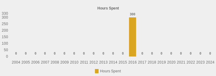 Hours Spent (Hours Spent:2004=0,2005=0,2006=0,2007=0,2008=0,2009=0,2010=0,2011=0,2012=0,2013=0,2014=0,2015=0,2016=300,2017=0,2018=0,2019=0,2020=0,2021=0,2022=0,2023=0,2024=0|)