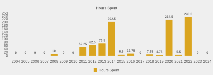 Hours Spent (Hours Spent:2004=0,2005=0,2006=0,2007=0,2008=10,2009=0,2010=0,2011=52.25,2012=62.5,2013=73.5,2014=202.5,2015=6.5,2016=12.75,2017=0,2018=7.75,2019=4.75,2020=214.5,2021=5.5,2022=230.5,2023=0,2024=0|)