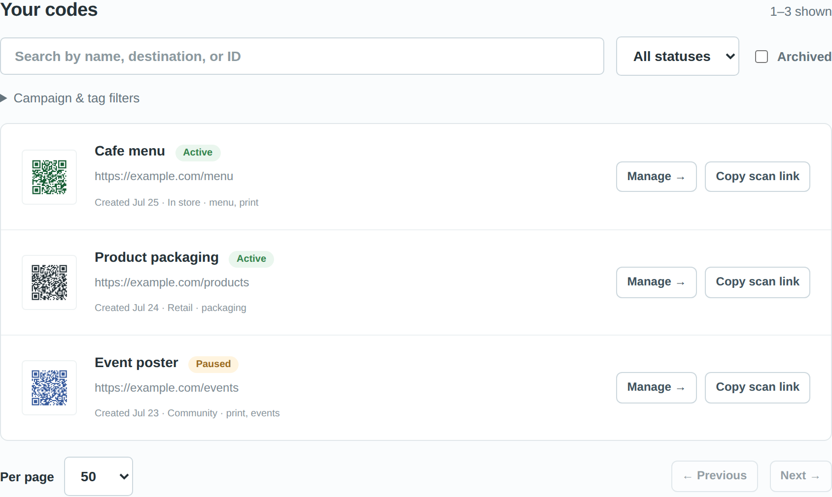 List of dynamic QR codes in the dashboard, each with a preview, destination, status, and campaign