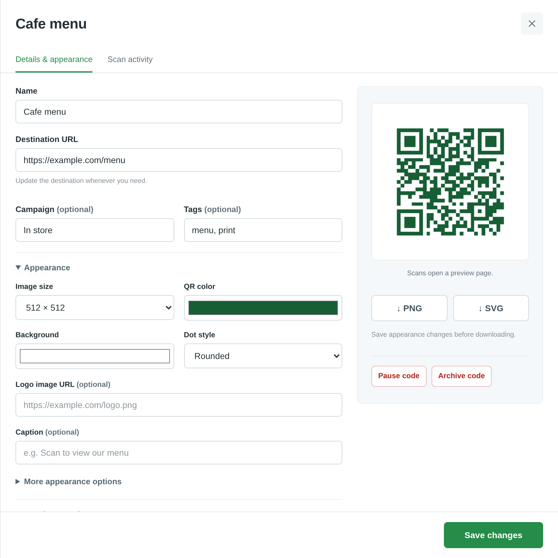 Editing a dynamic QR code: name, destination URL, campaign, tags, and appearance, with a preview and download buttons