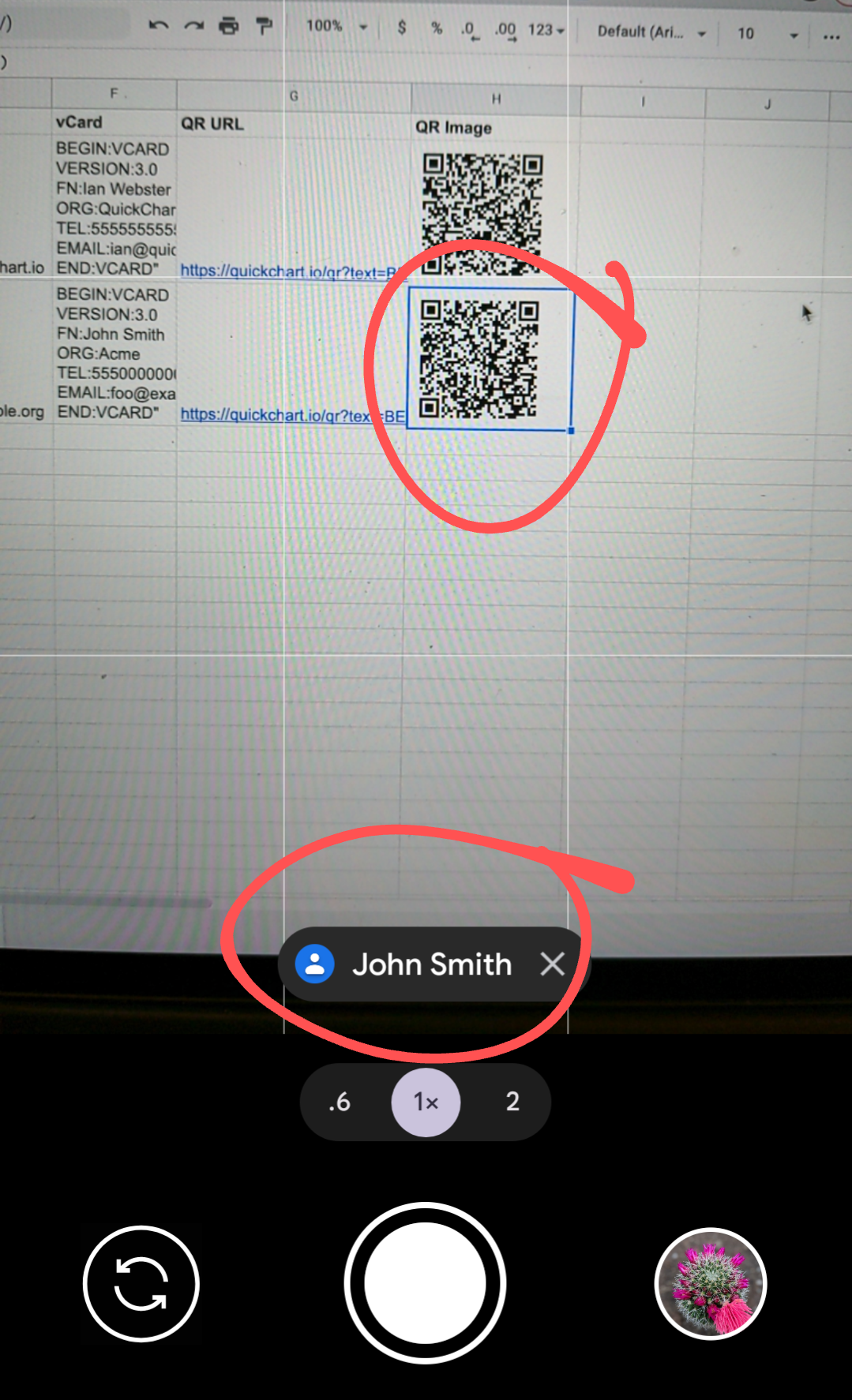 Phone screenshot scanning a vCard QR code