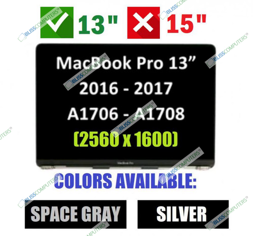 LCD Screen Full Assembly Apple MacBook Pro 13" A1708 2016 2017 MPXQ2LL/A MPXR2LL/A